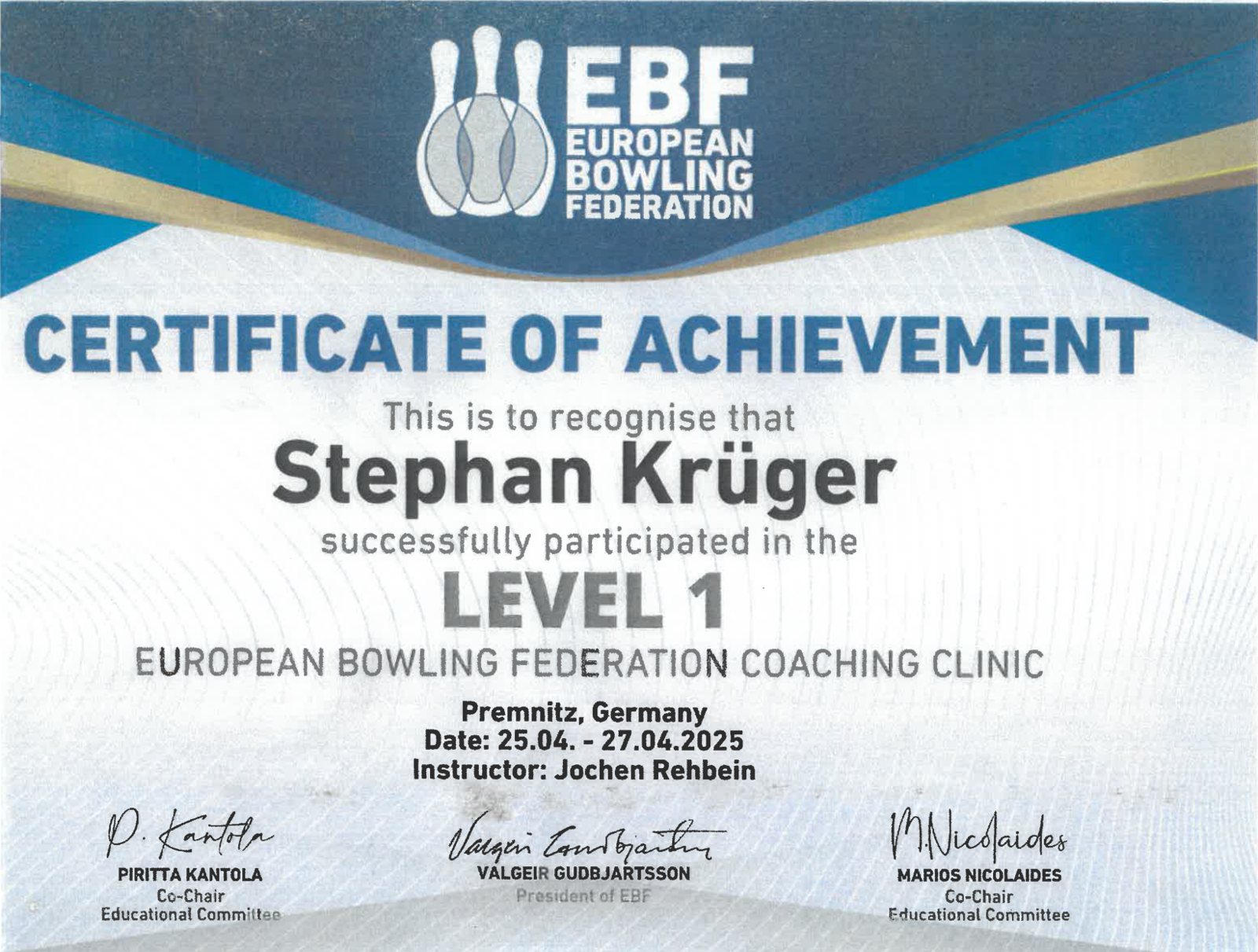 Zertifikat der European Bowling Federation: Stephan Krüger, Level 1 Coaching Clinic, Premnitz, April 2025