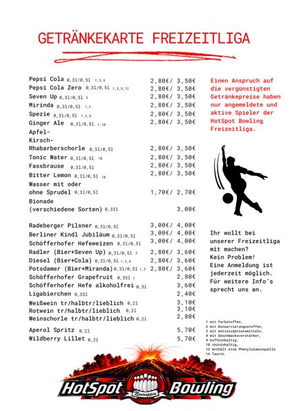 Karte: Getränkekarte Freizeitliga