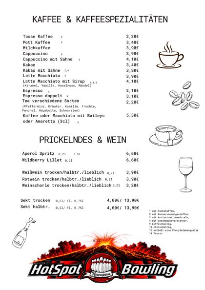 Karte: Kaffee, Prickelndes & Wein