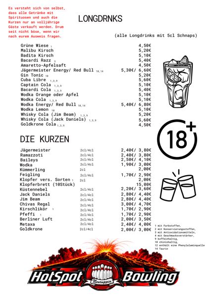 Karte: Longdrinks & Kurze